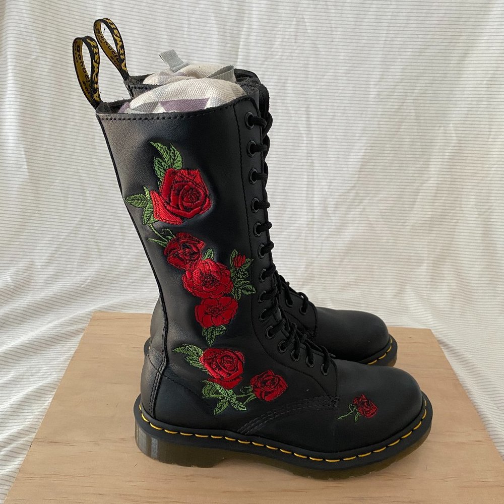 Dr Marten 1914 Vonda Floral Mid Calf Leather Boots Size 6 Black / Red